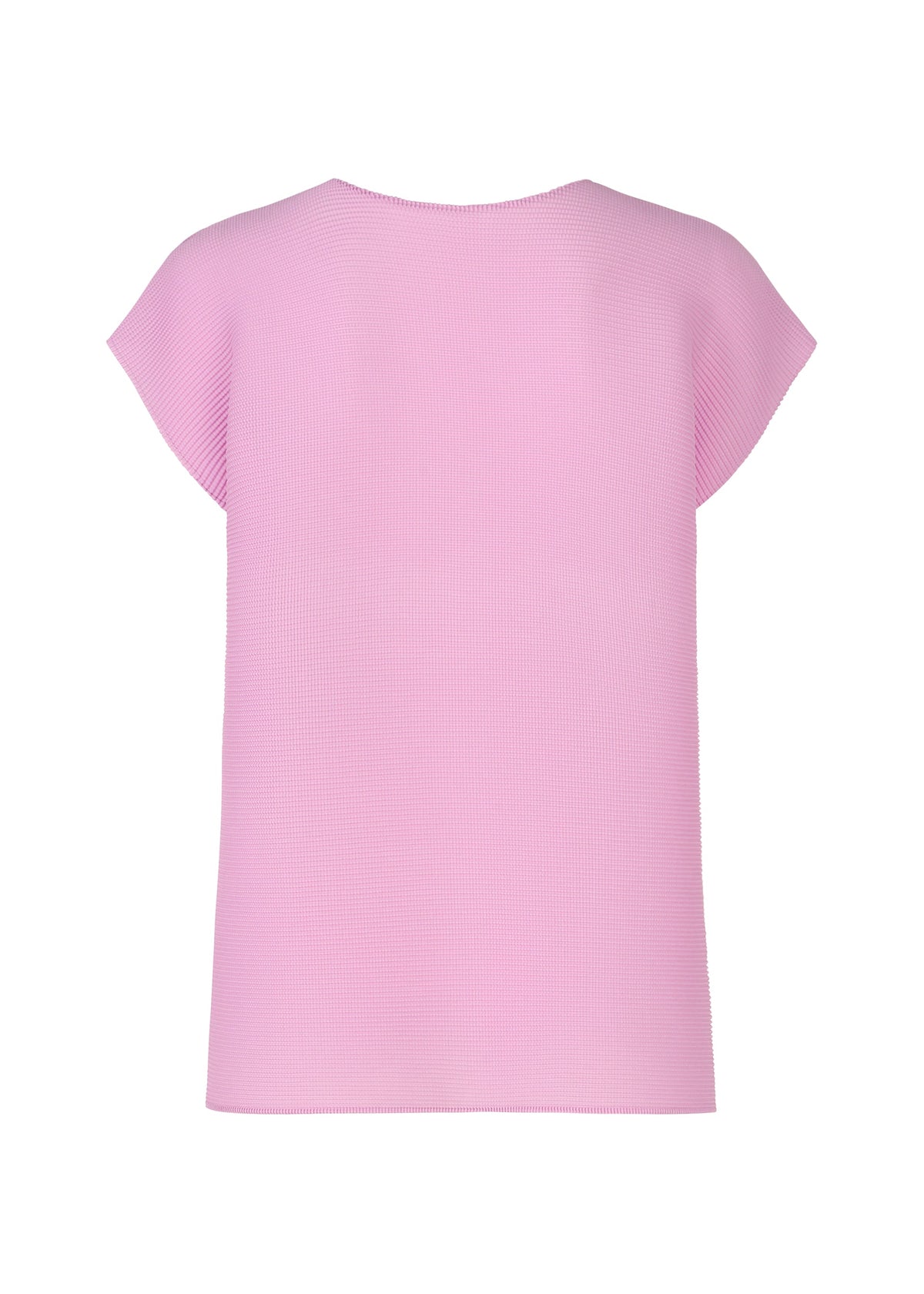The SQUARE STRETCH PLEATS top by me ISSEY MIYAKE in pastel pink features French sleeves, a round neck, and stretch pleats, displayed from the back against a white background. view 4 of 7