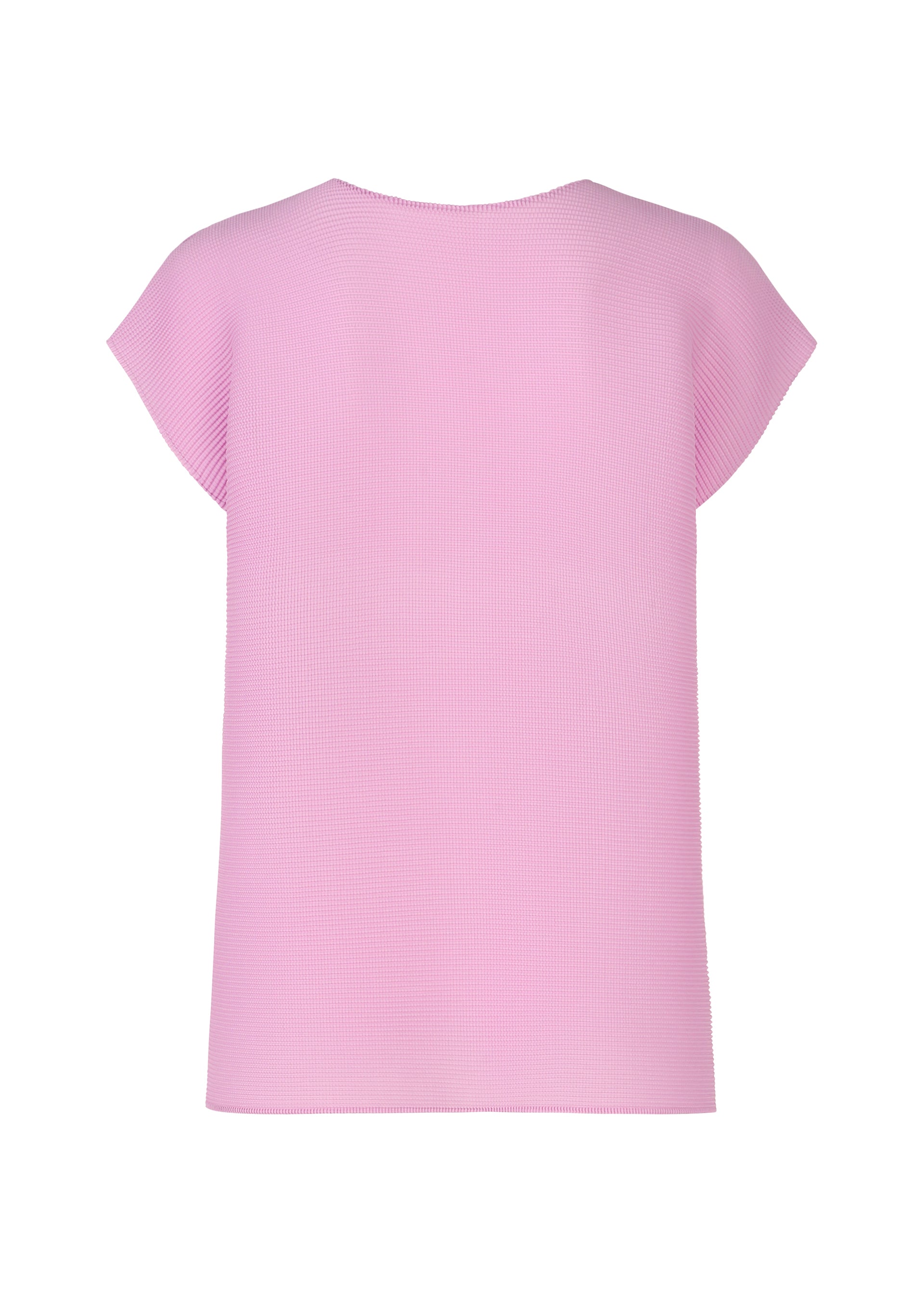 Zoomed view The SQUARE STRETCH PLEATS top by me ISSEY MIYAKE in pastel pink features French sleeves, a round neck, and stretch pleats, displayed from the back against a white background.