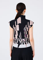 A person with long dark hair in a low ponytail is seen from the back, wearing the PERSPECTIVE high-neck top by me ISSEY MIYAKE, featuring French sleeves and a geometric black, beige, and pink optical pattern in STRETCH PLEATS.