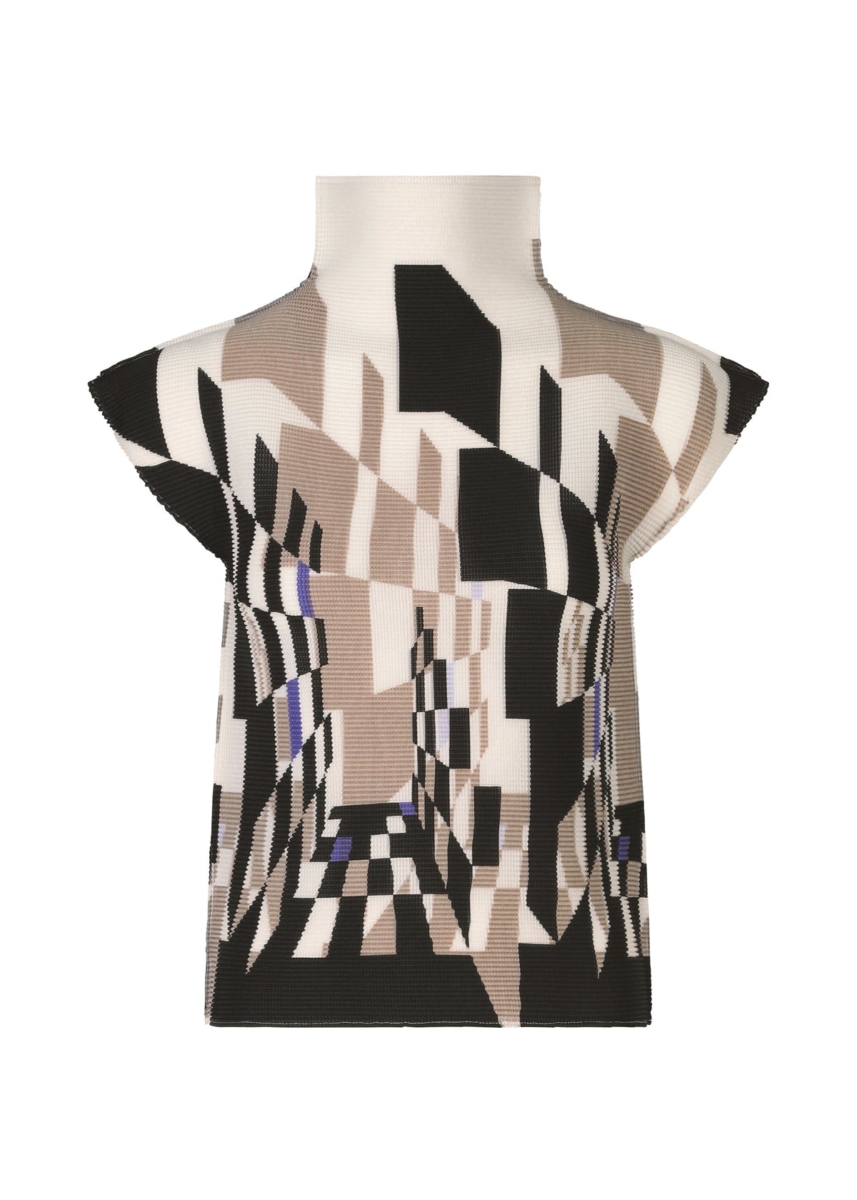 The PERSPECTIVE top by me ISSEY MIYAKE features stretch pleats, wide French sleeves, and a bold geometric 3D optical illusion pattern in beige, black, white, and blue. view 1 of 6
