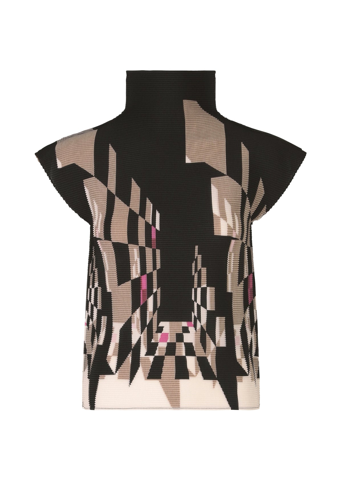 The PERSPECTIVE top by me ISSEY MIYAKE features stretch pleats and a sleeveless high-neck design. Its black, beige, and pink geometric pattern creates a striking 3D tunnel effect for a modern, chic look. view 2 of 6
