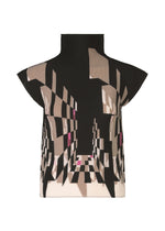 The PERSPECTIVE top by me ISSEY MIYAKE features stretch pleats and a sleeveless high-neck design. Its black, beige, and pink geometric pattern creates a striking 3D tunnel effect for a modern, chic look. - BLACK-HUED （no.18）