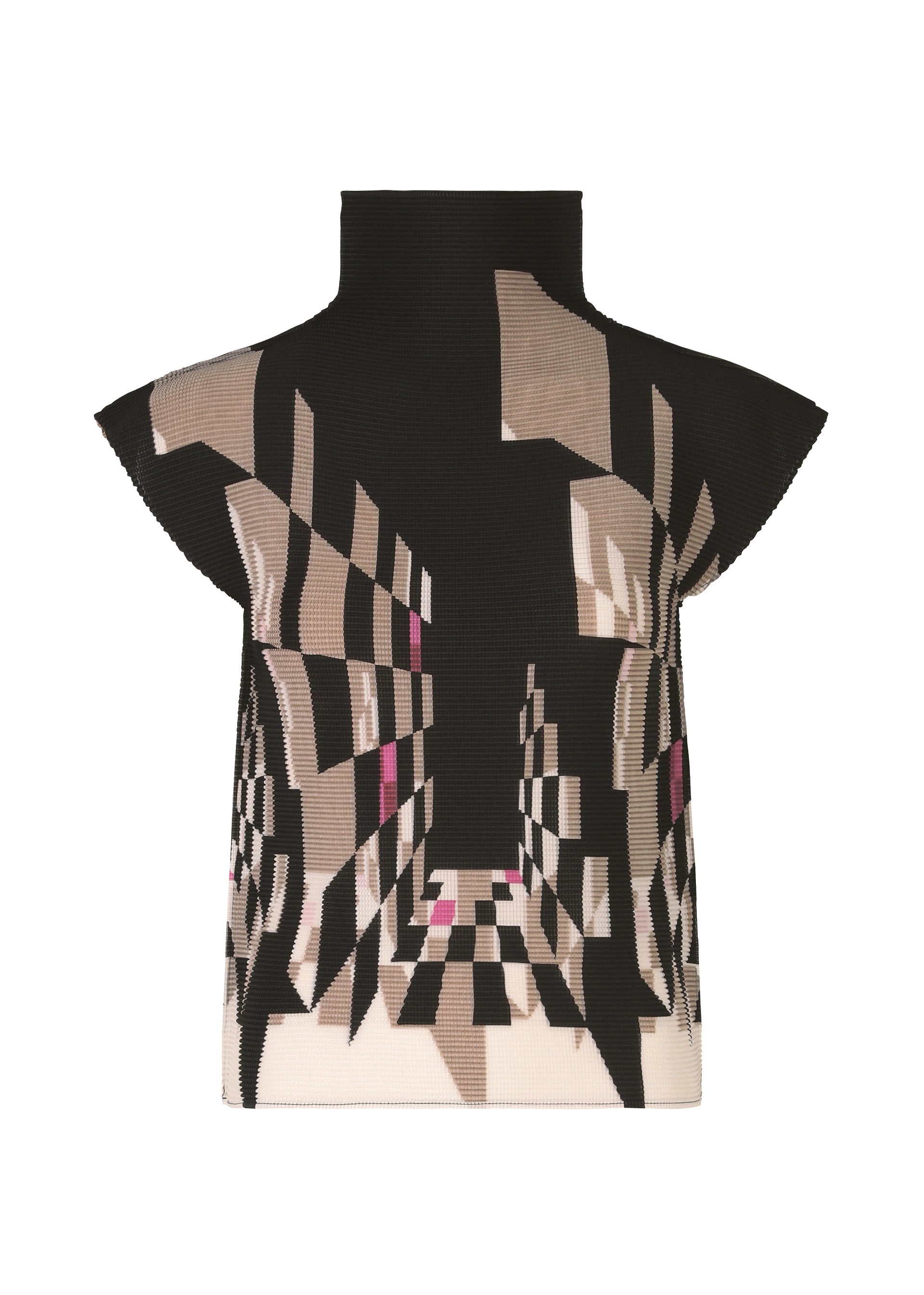 Zoomed view The PERSPECTIVE top by me ISSEY MIYAKE features stretch pleats and a sleeveless high-neck design. Its black, beige, and pink geometric pattern creates a striking 3D tunnel effect for a modern, chic look. - BLACK-HUED （no.18）