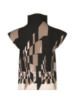 PERSPECTIVE by me ISSEY MIYAKE is a sleeveless, high-neck knit top featuring French sleeves and a geometric abstract pattern in black, beige, cream, and pink accents, shown against a white background.