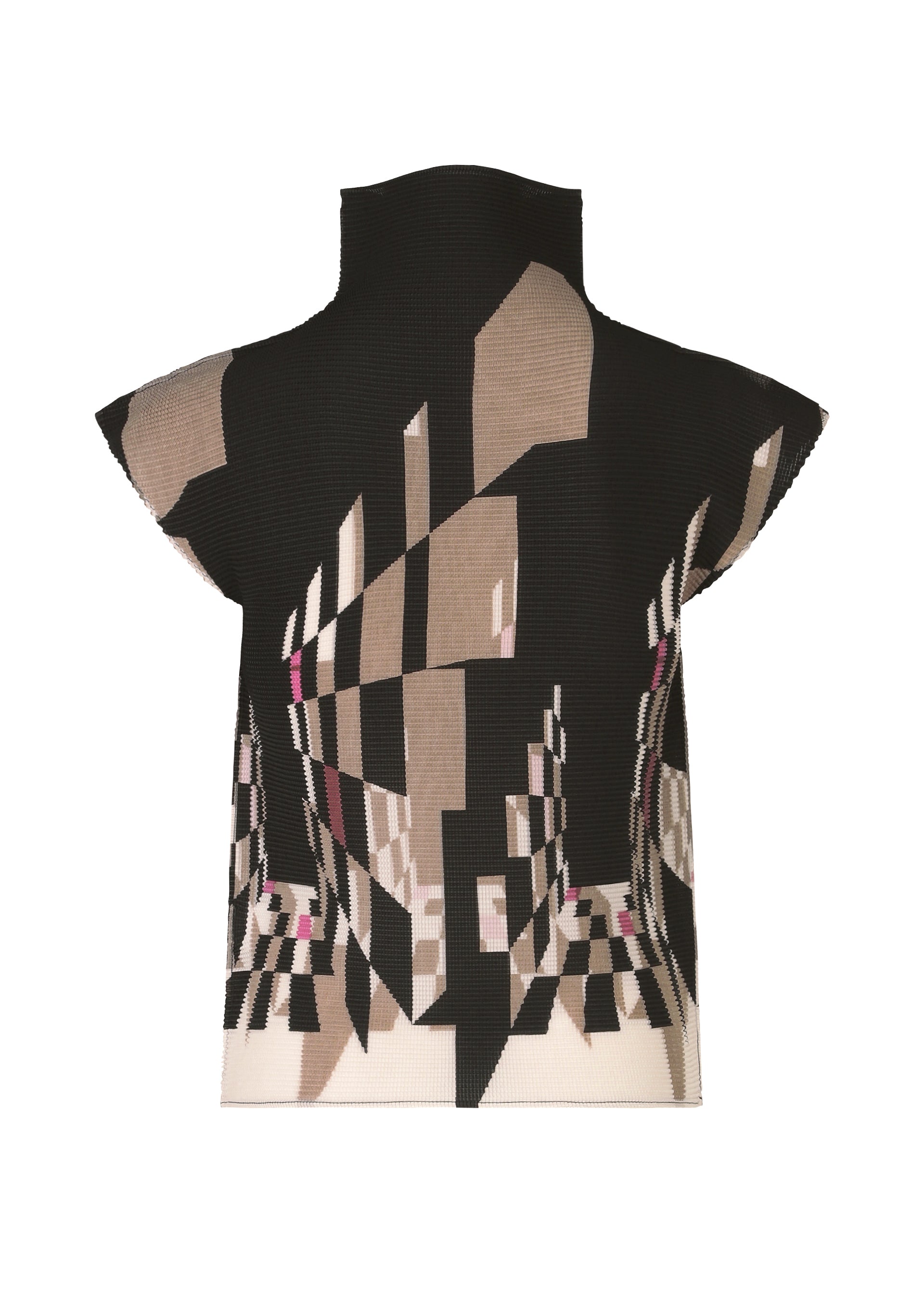 Zoomed view PERSPECTIVE by me ISSEY MIYAKE is a sleeveless, high-neck knit top featuring French sleeves and a geometric abstract pattern in black, beige, cream, and pink accents, shown against a white background.