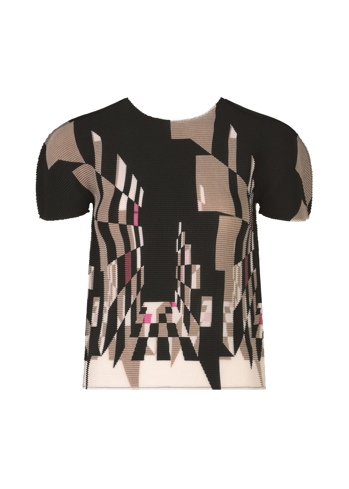 The PERSPECTIVE top by me ISSEY MIYAKE features a round neck, short sleeves, and STRETCH PLEATS. It has a black base with an abstract geometric print in beige, white, and pink that resembles a distorted checkered design. view 2 of 6