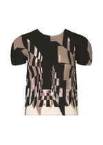 The PERSPECTIVE top by me ISSEY MIYAKE features a round neck, short sleeves, and STRETCH PLEATS. It has a black base with an abstract geometric print in beige, white, and pink that resembles a distorted checkered design. - BLACK-HUED (no.18)