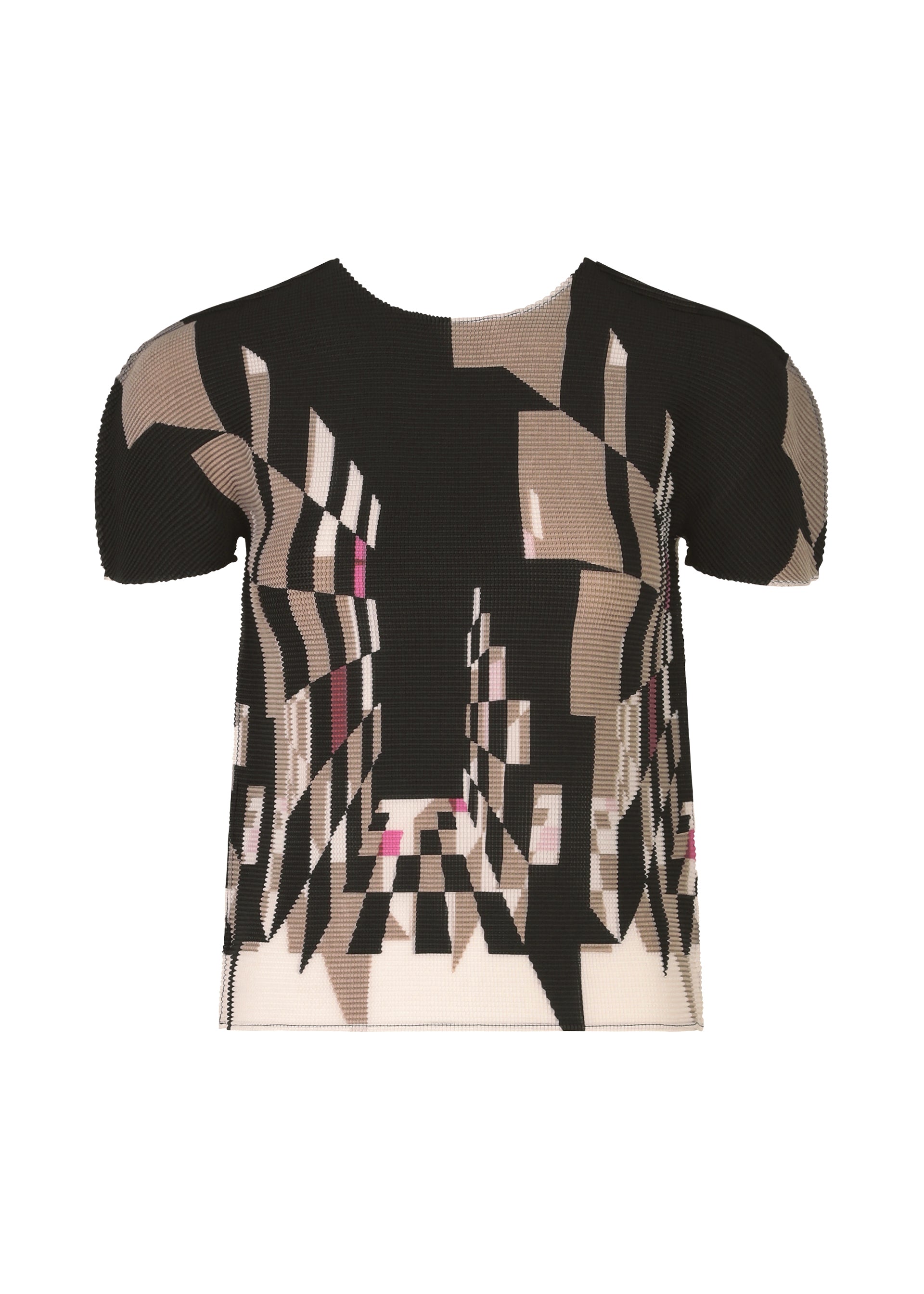Zoomed view The PERSPECTIVE top by me ISSEY MIYAKE features a round neck, short sleeves, and STRETCH PLEATS. It has a black base with an abstract geometric print in beige, white, and pink that resembles a distorted checkered design. - BLACK-HUED (no.18)