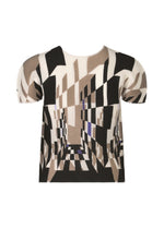 The PERSPECTIVE top by me ISSEY MIYAKE features a round neck, short sleeves, and an abstract geometric pattern in black, beige, white, and brown on STRETCH PLEATS fabric for a dynamic optical illusion effect.
