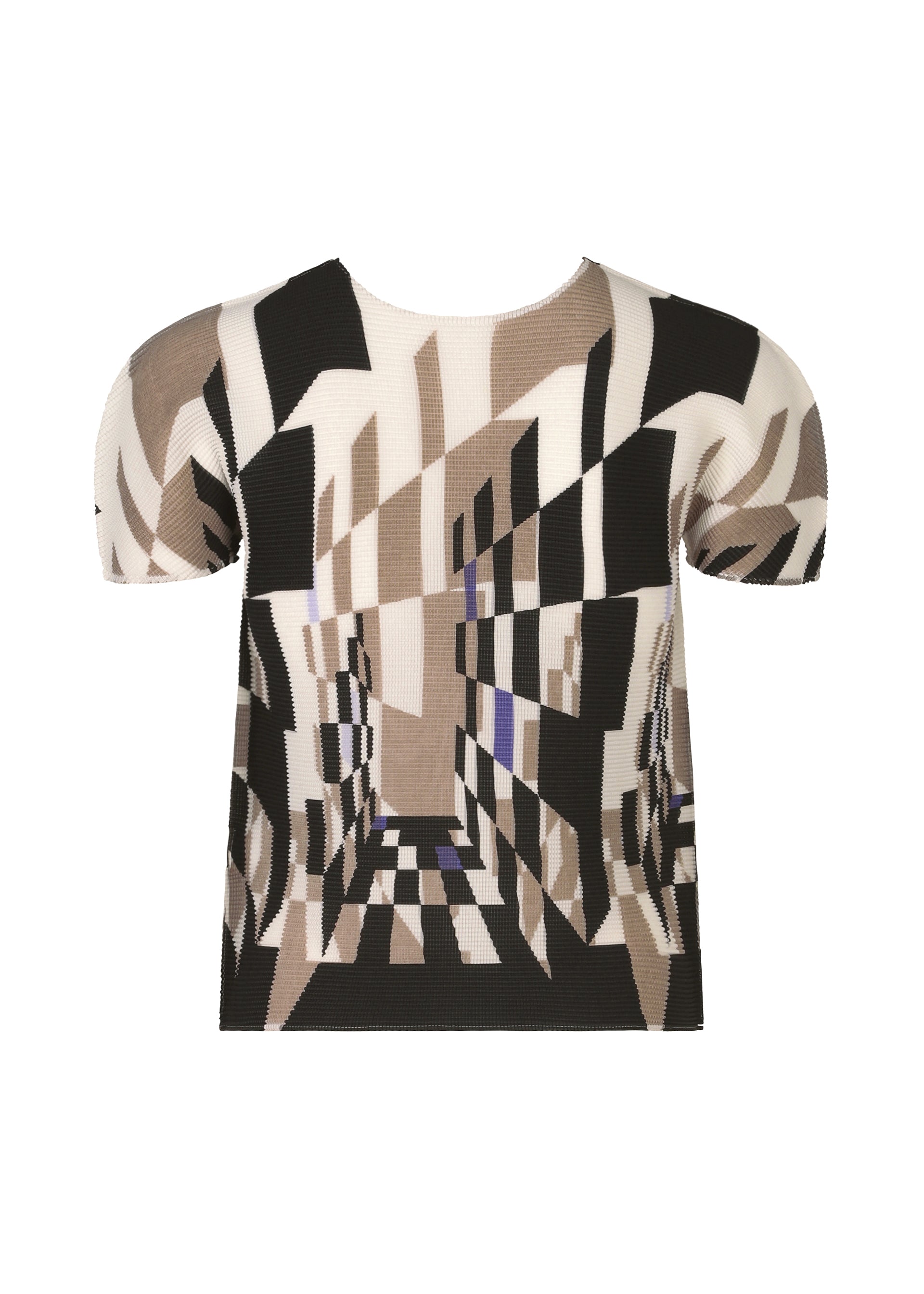 Zoomed view The PERSPECTIVE top by me ISSEY MIYAKE features a round neck, short sleeves, and an abstract geometric pattern in black, beige, white, and brown on STRETCH PLEATS fabric for a dynamic optical illusion effect.