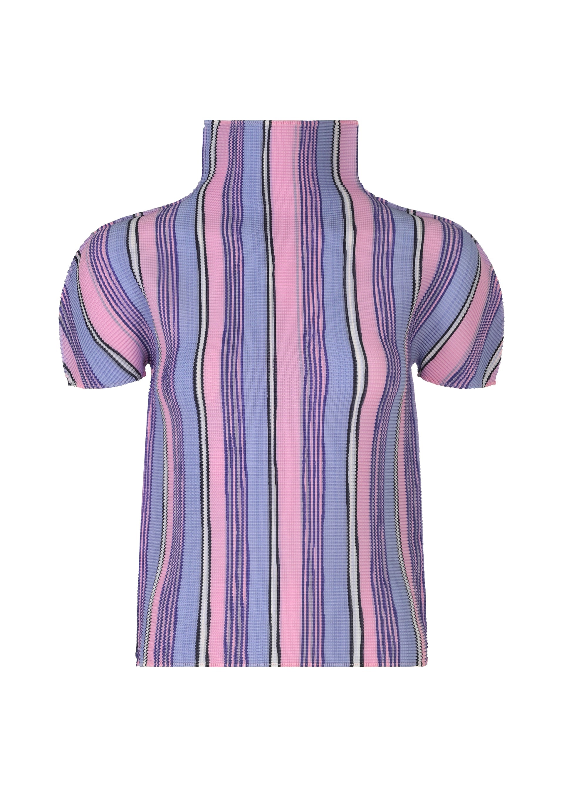 Zoomed view The SHIRT STRIPE by me ISSEY MIYAKE is a high-neck, short-sleeved top with pink, purple, and blue stripes and a ribbed texture for a modern look. - PINK-HUED (no.28)