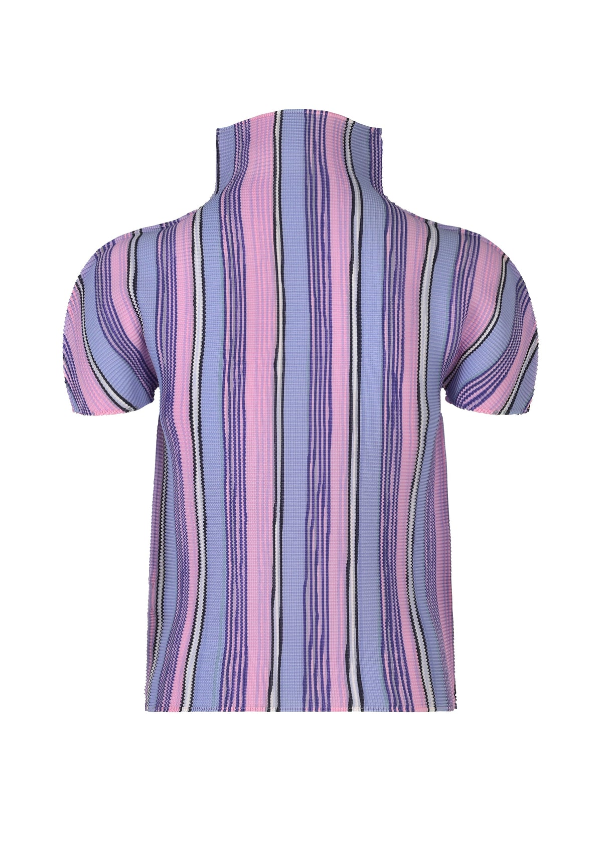 The SHIRT STRIPE top by me ISSEY MIYAKE is shown from the back on a white background, featuring a high neck, short sleeves, and a pink, purple, and black stripe pattern in textured stretch pleats fabric. view 3 of 6