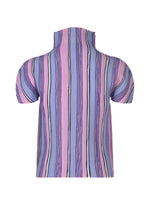 The SHIRT STRIPE top by me ISSEY MIYAKE is shown from the back on a white background, featuring a high neck, short sleeves, and a pink, purple, and black stripe pattern in textured stretch pleats fabric.