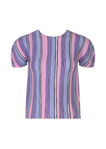 The SHIRT STRIPE by me ISSEY MIYAKE is a short-sleeved top with puffed sleeves and stretch pleats, featuring a stylish shirt stripe pattern in pink, purple, blue, and black on a light background. - PINK-HUED （no.28）
