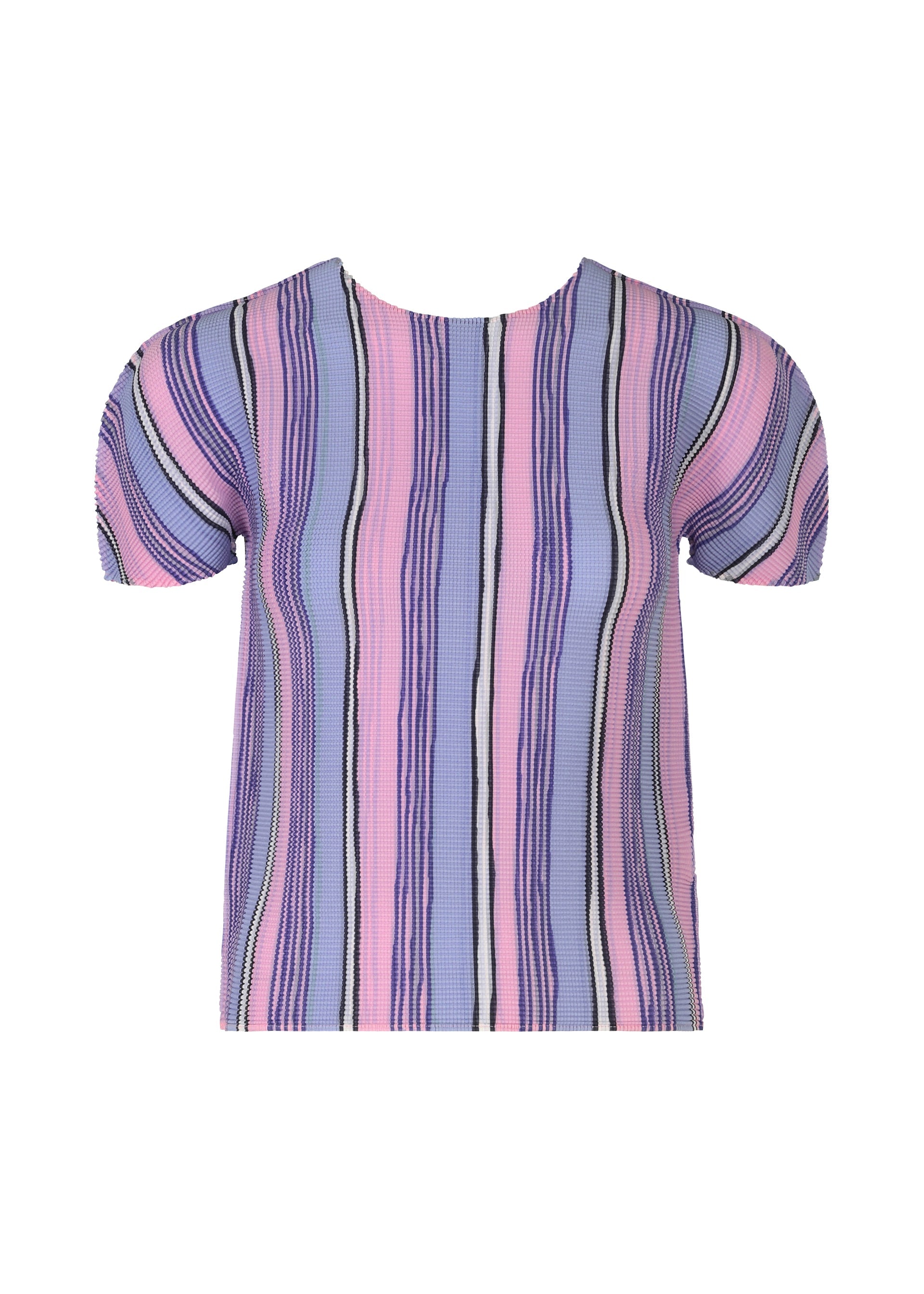 Zoomed view The SHIRT STRIPE by me ISSEY MIYAKE is a short-sleeved top with puffed sleeves and stretch pleats, featuring a stylish shirt stripe pattern in pink, purple, blue, and black on a light background. - PINK-HUED （no.28）