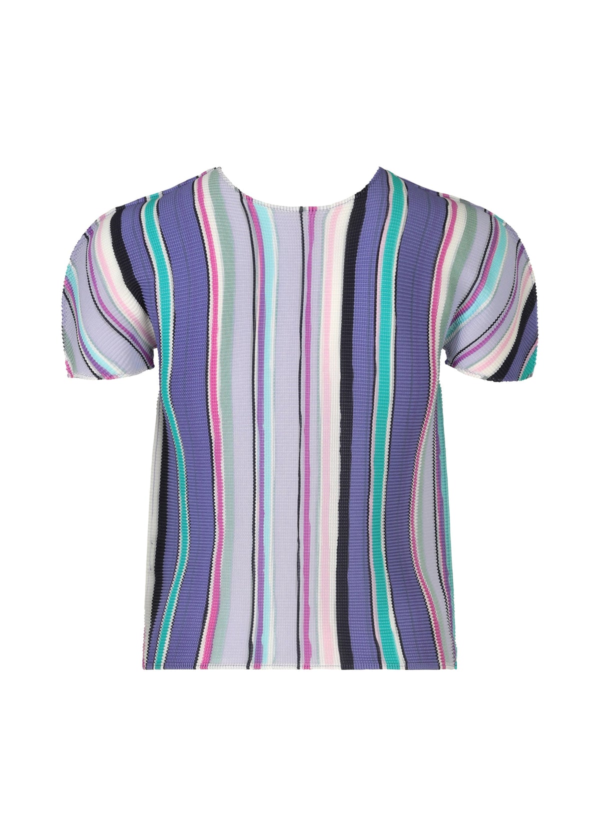 The SHIRT STRIPE by me ISSEY MIYAKE is a short-sleeved top with vertical wavy stripes in blue, purple, pink, teal, and white and subtle stretch pleats, shown against a white background. view 3 of 6