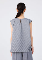 Back view of a woman wearing the me ISSEY MIYAKE ANGLE PLEATS SHIRT in gray, a sleeveless lightweight top with pleats and a single back button closure, styled with matching gray pants.