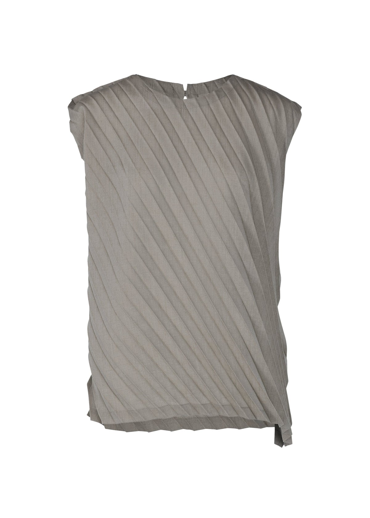 The ANGLE PLEATS SHIRT by me ISSEY MIYAKE is a sleeveless gray blouse with diagonal pleats, round neckline, and asymmetric hem in lightweight fabric—shown against a plain white background. view 1 of 9