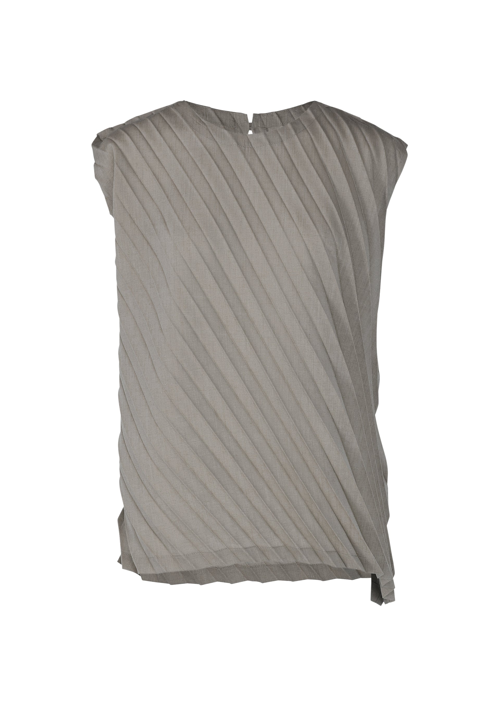 Zoomed view The ANGLE PLEATS SHIRT by me ISSEY MIYAKE is a sleeveless gray blouse with diagonal pleats, round neckline, and asymmetric hem in lightweight fabric—shown against a plain white background. - CHARCOAL (no.14)