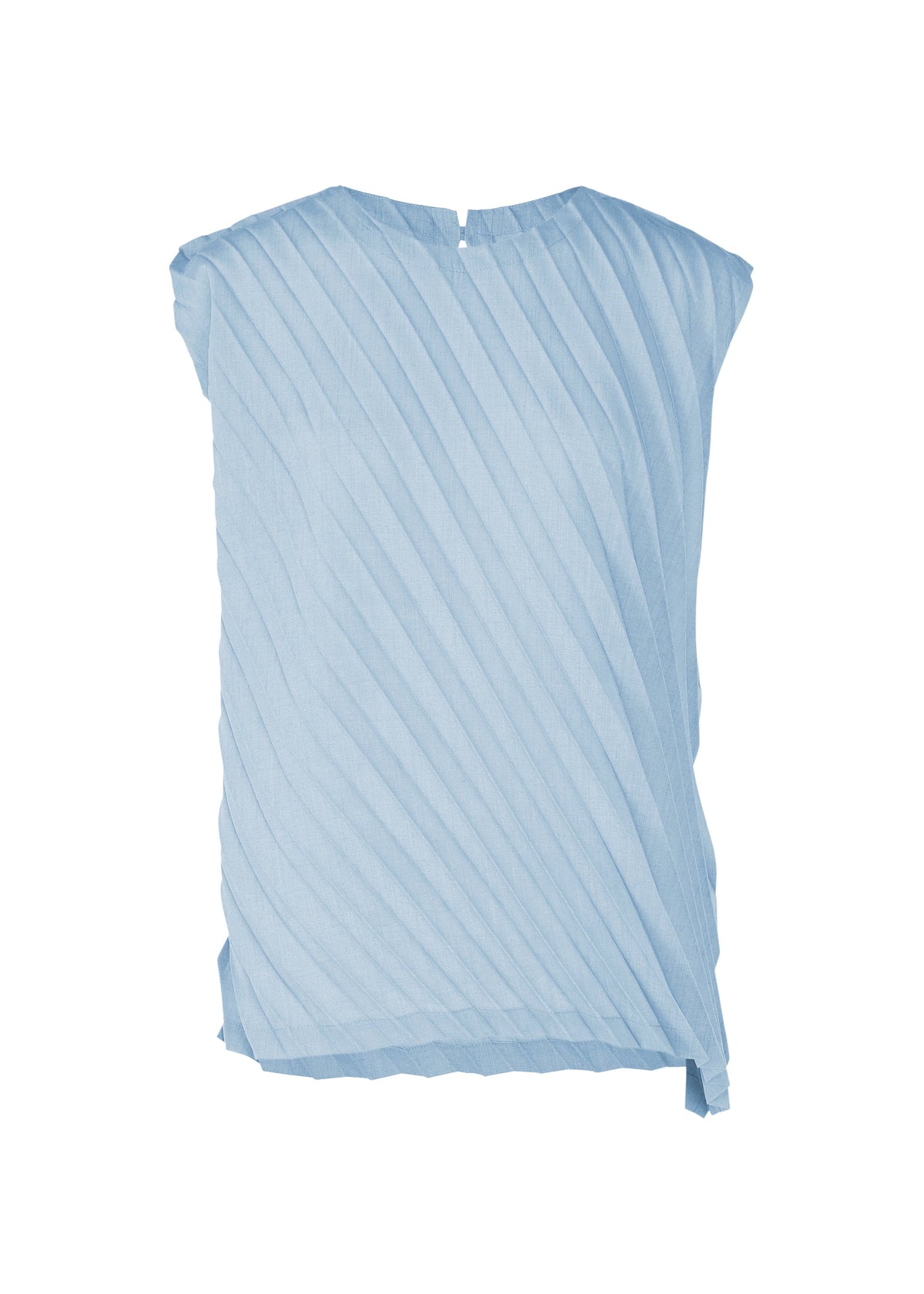 The ANGLE PLEATS SHIRT by me ISSEY MIYAKE is a light blue sleeveless top with diagonal pleats and a back neck button, shown against a white background. view 2 of 9