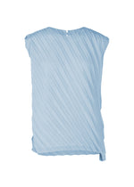 The ANGLE PLEATS SHIRT by me ISSEY MIYAKE is a light blue sleeveless top with diagonal pleats and a back neck button, shown against a white background. - LIGHT BLUE (no.70)