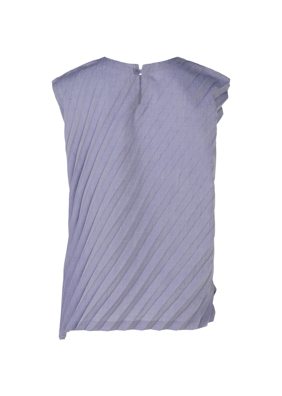 The ANGLE PLEATS SHIRT by me ISSEY MIYAKE is a sleeveless light purple top, made from lightweight fabric with diagonal pleats, shown laid flat. It features a portable design and a back opening with button closure for easy wear. view 4 of 9