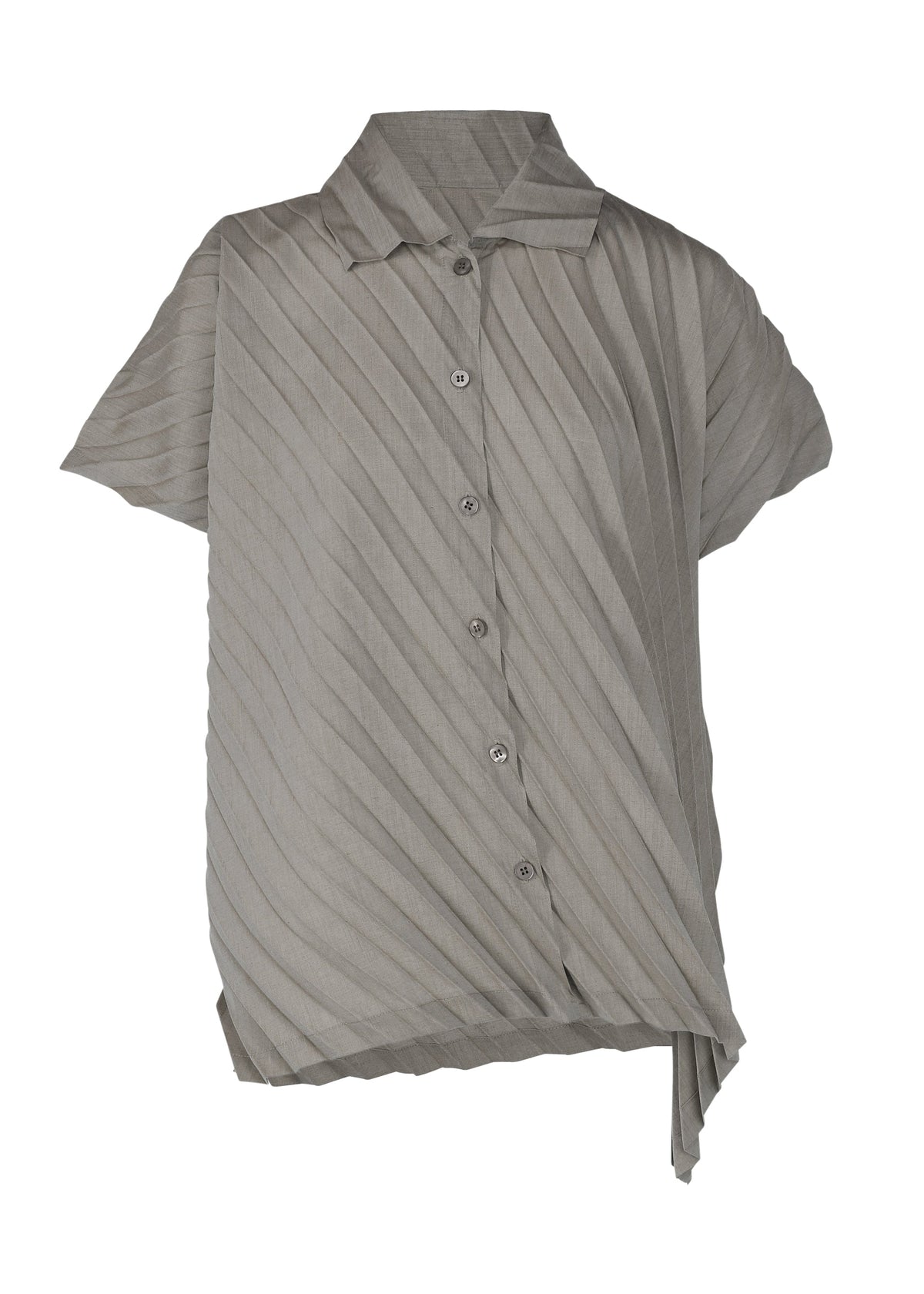The ANGLE PLEATS SHIRT by me ISSEY MIYAKE is a short-sleeve, light gray button-up with a collar, melange finish, diagonal pleats, and an asymmetrical hemline. view 1 of 9
