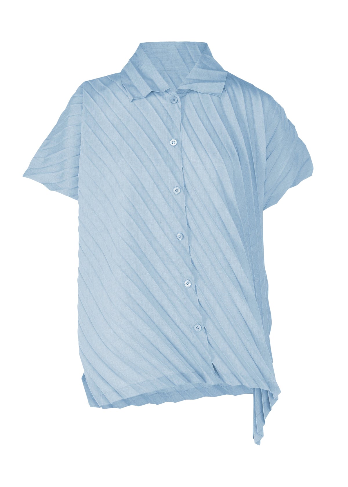 The ANGLE PLEATS SHIRT by me ISSEY MIYAKE is a light blue, short-sleeved button-up with a pointed collar, diagonal pleats, and a stylish asymmetrical hem. Its foldable design makes it perfect for portability. view 2 of 9