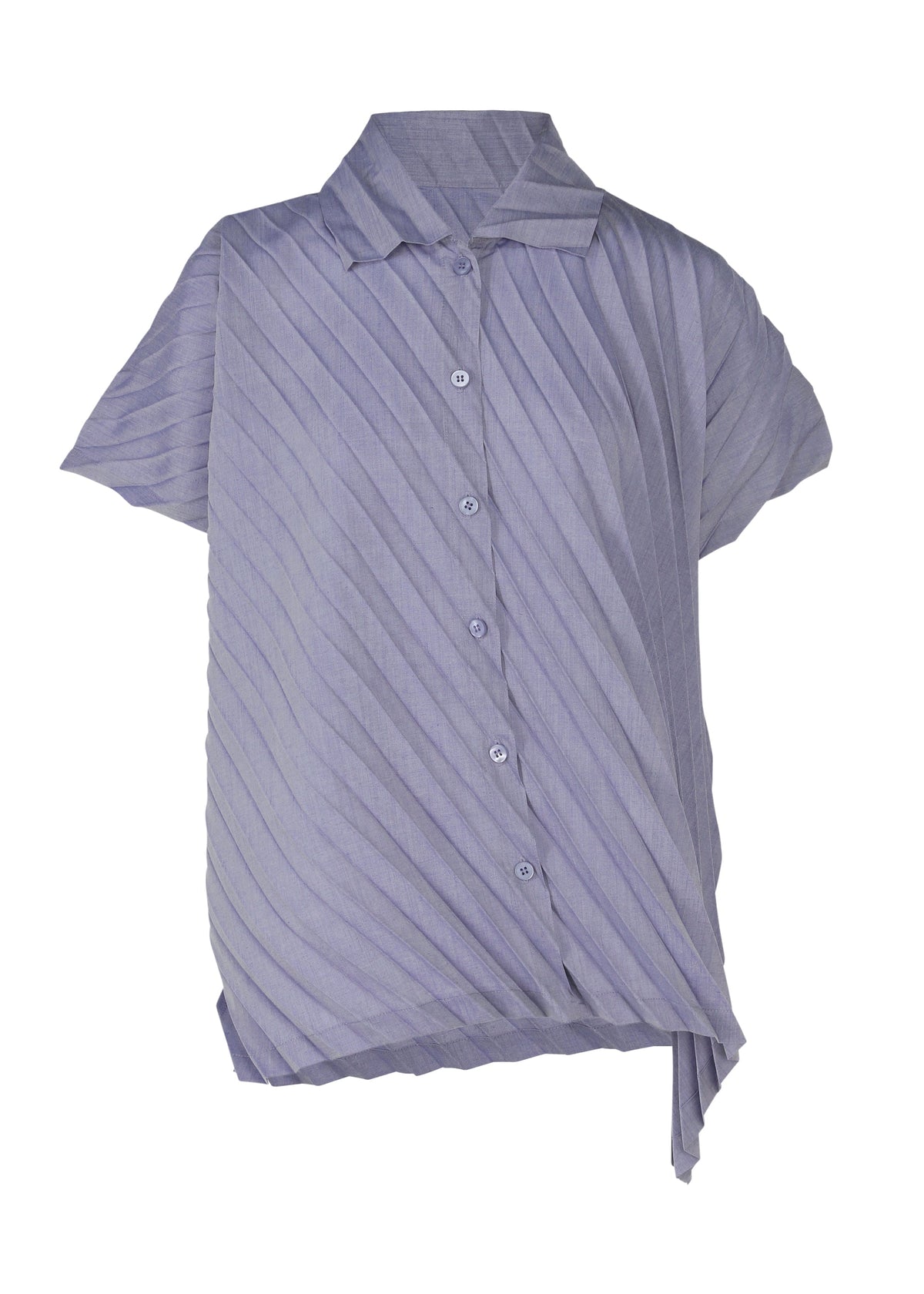 The ANGLE PLEATS SHIRT by me ISSEY MIYAKE is a short-sleeved, light purple button-up with diagonal pleats and an asymmetrical hem, offering a modern look. Its foldable, portable design makes it ideal for travel. view 3 of 9