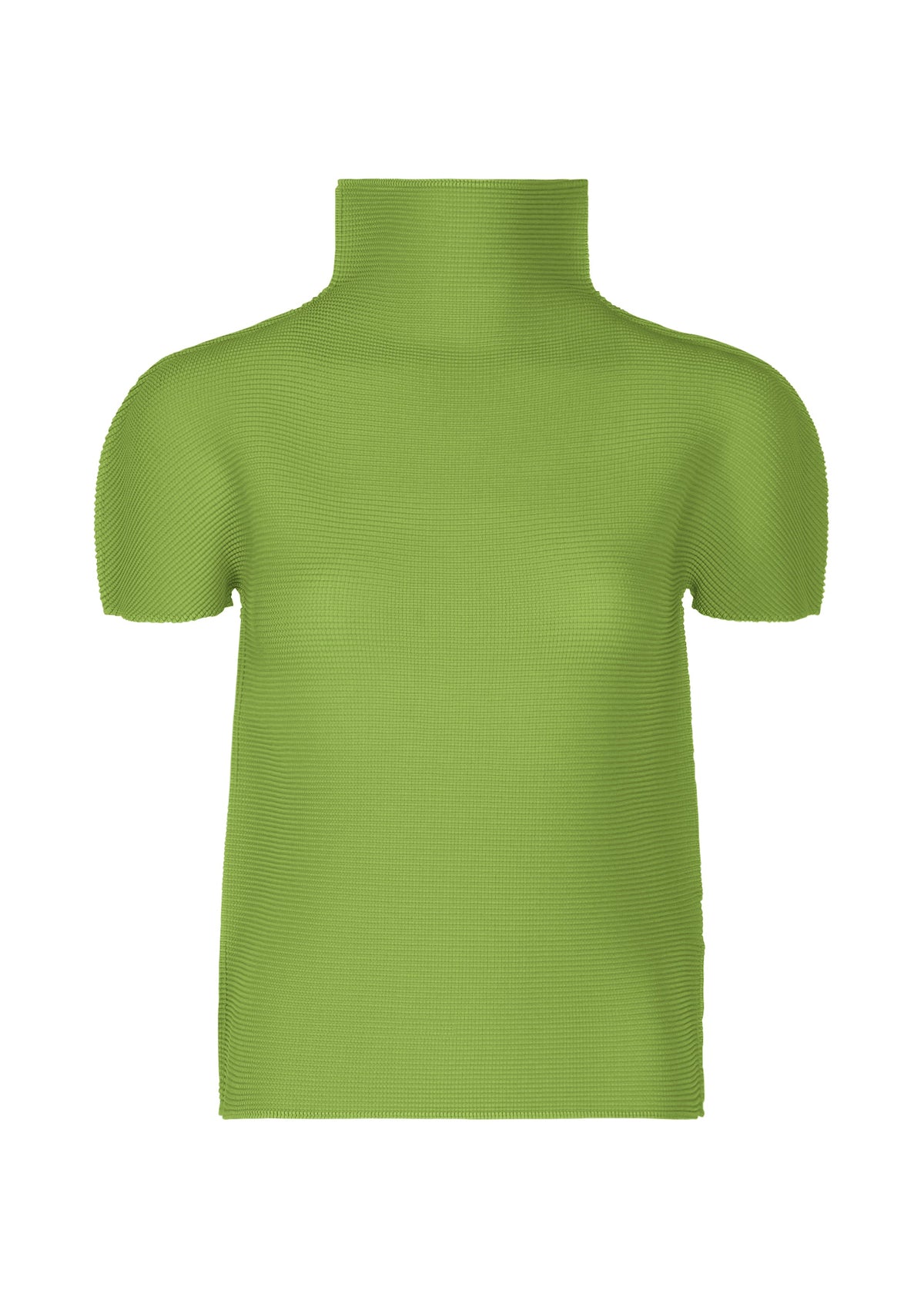The STRETCH PLEATS 6 by me ISSEY MIYAKE, a slim-fit, light green high-neck top with short sleeves and a ribbed texture, is displayed on a white background. view 2 of 7