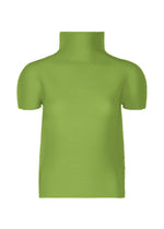 The STRETCH PLEATS 6 by me ISSEY MIYAKE, a slim-fit, light green high-neck top with short sleeves and a ribbed texture, is displayed on a white background. - LEAF GREEN （no.60）
