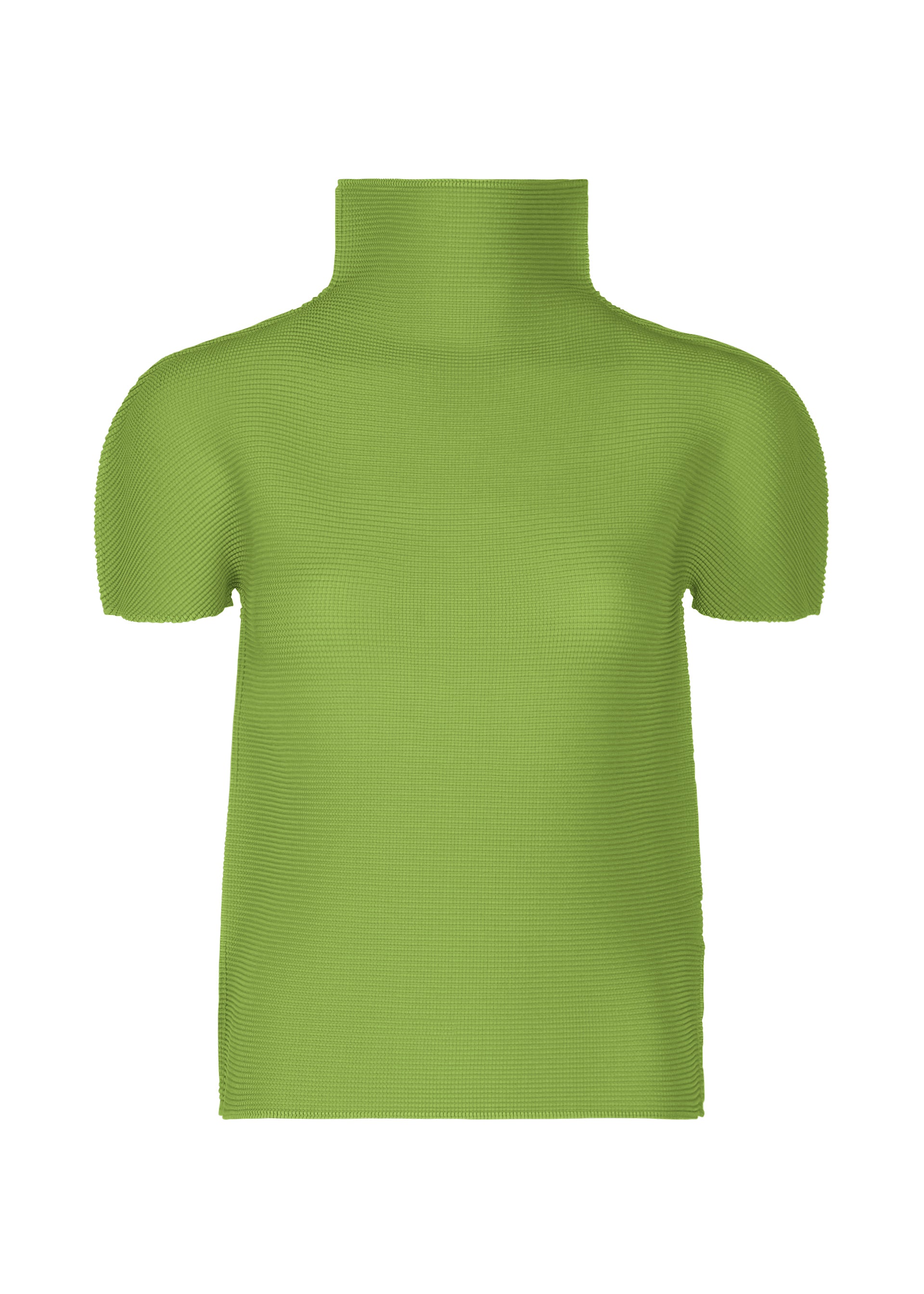 Zoomed view The STRETCH PLEATS 6 by me ISSEY MIYAKE, a slim-fit, light green high-neck top with short sleeves and a ribbed texture, is displayed on a white background. - LEAF GREEN （no.60）