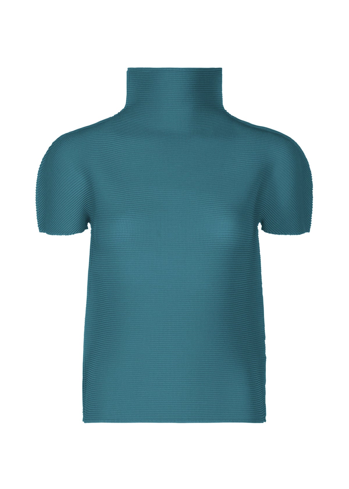 The STRETCH PLEATS 6 by me ISSEY MIYAKE is a teal, short-sleeved high-neck top featuring a ribbed texture and subtle stretch pleats, shown against a plain white background. view 3 of 7