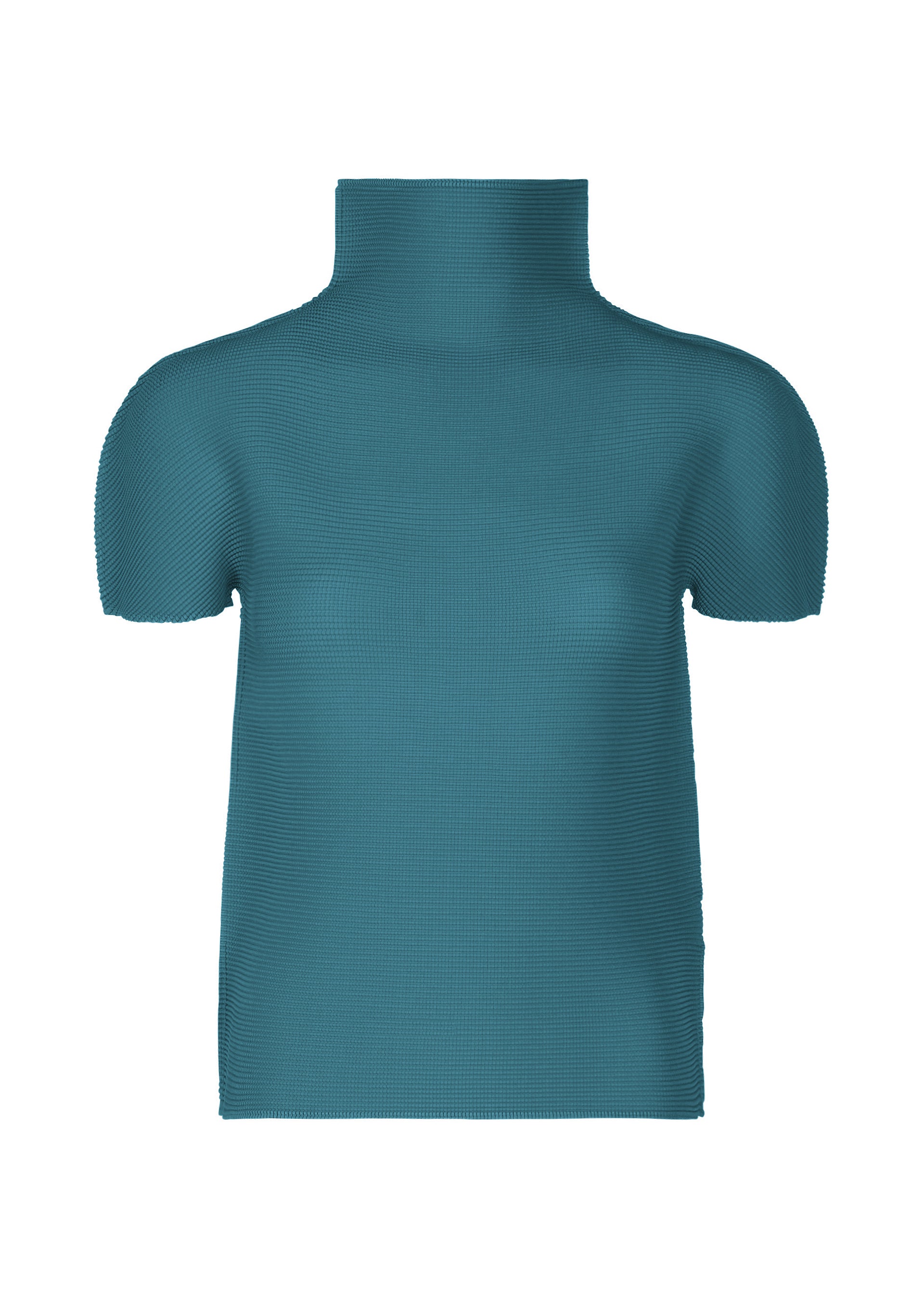 Zoomed view The STRETCH PLEATS 6 by me ISSEY MIYAKE is a teal, short-sleeved high-neck top featuring a ribbed texture and subtle stretch pleats, shown against a plain white background. - NIGHT BLUE （no.71）