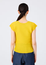 A person with long dark hair in a low ponytail is shown from behind, wearing a yellow STRETCH PLEATS 6 top by me ISSEY MIYAKE and dark blue pants, set against a plain white background.