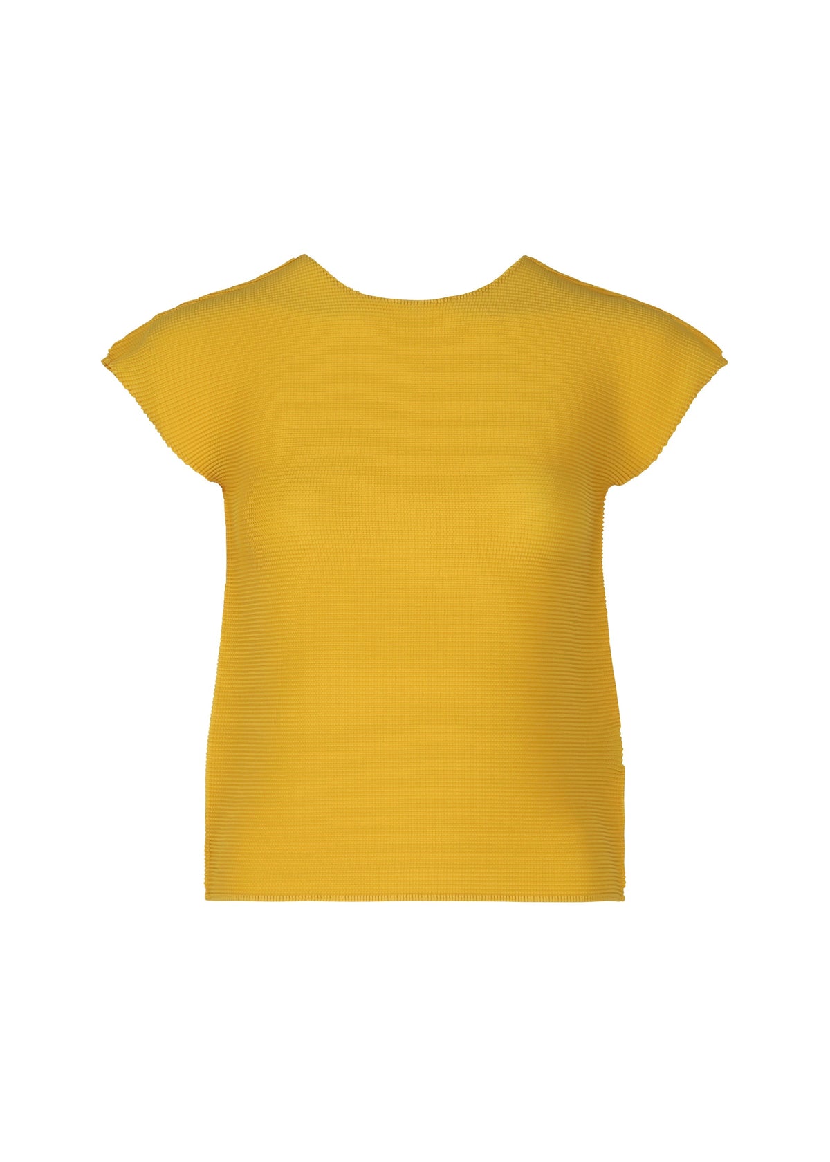 The STRETCH PLEATS 6 by me ISSEY MIYAKE is a yellow, round-neck, French sleeve stretchy top offering effortless style, shown on a white background. view 1 of 7