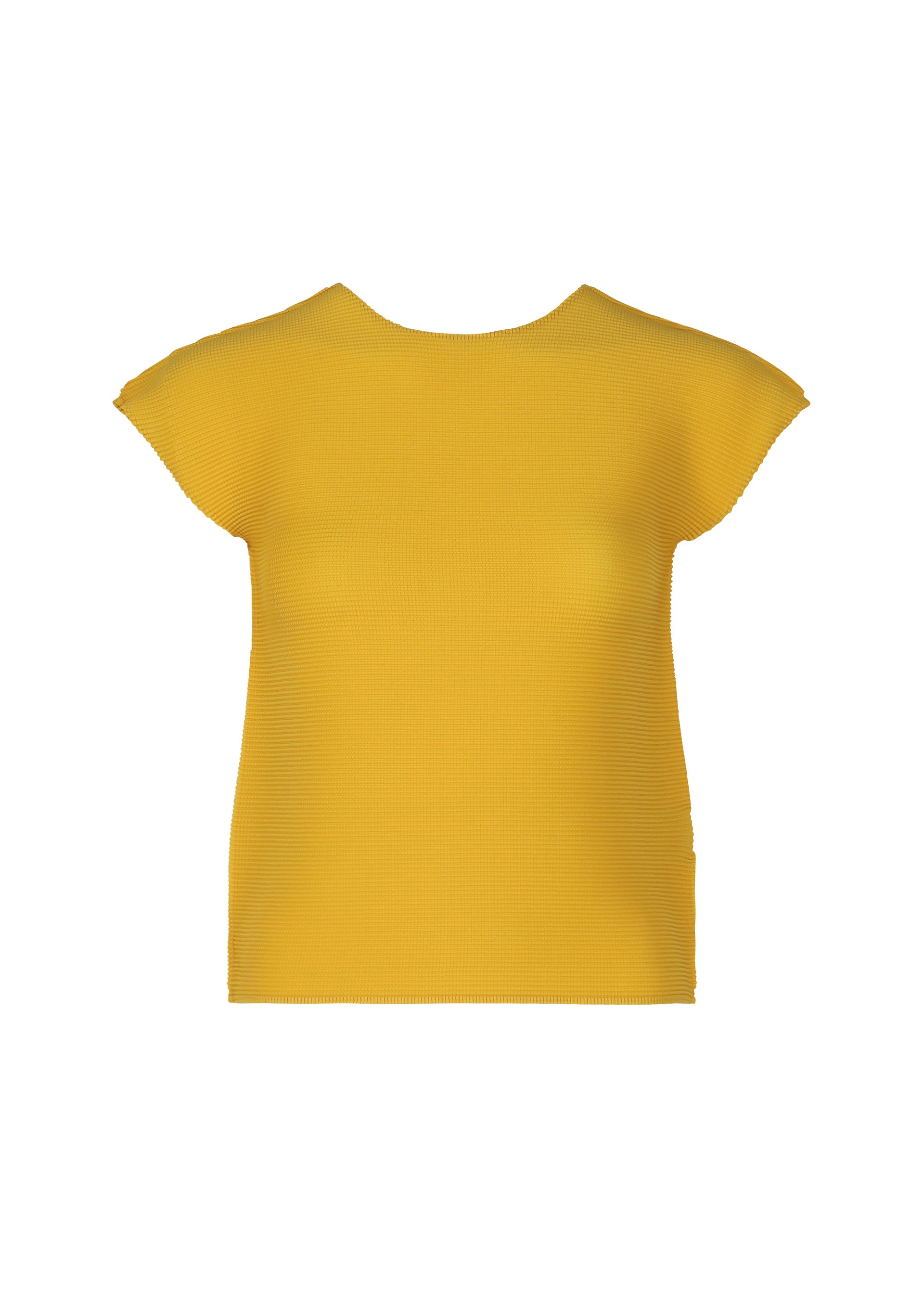 Zoomed view The STRETCH PLEATS 6 by me ISSEY MIYAKE is a yellow, round-neck, French sleeve stretchy top offering effortless style, shown on a white background. - CANARY YELLOW （no.53）