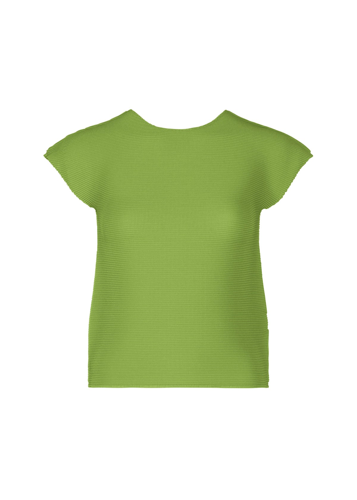 The STRETCH PLEATS 6 by me ISSEY MIYAKE is a women's light green, short-sleeve, round-neck stretchy top with a simple design and comfortable fit, shown on a white background. view 2 of 7