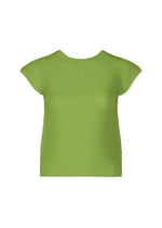 The STRETCH PLEATS 6 by me ISSEY MIYAKE is a women's light green, short-sleeve, round-neck stretchy top with a simple design and comfortable fit, shown on a white background. - LEAF GREEN （no.60）
