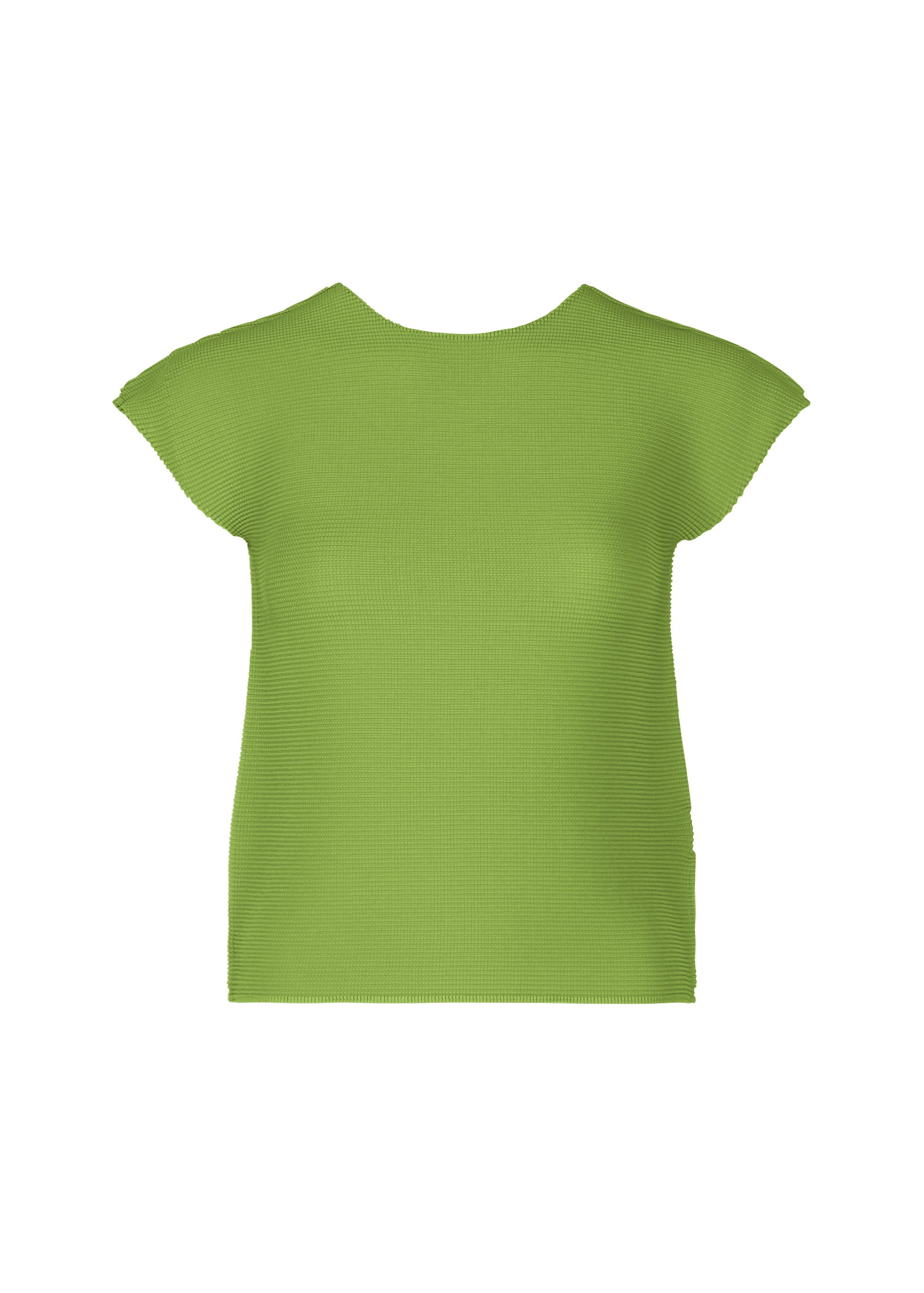 Zoomed view The STRETCH PLEATS 6 by me ISSEY MIYAKE is a women's light green, short-sleeve, round-neck stretchy top with a simple design and comfortable fit, shown on a white background. - LEAF GREEN （no.60）