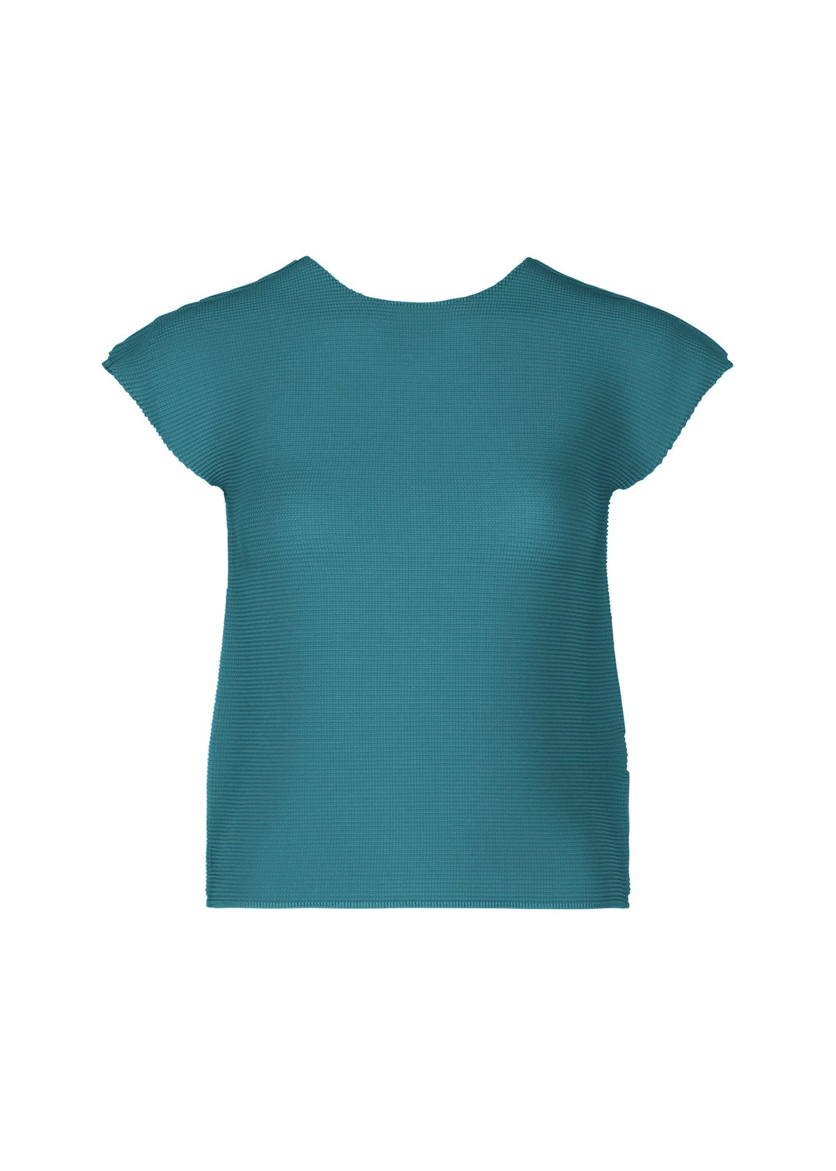 The STRETCH PLEATS 6 by me ISSEY MIYAKE is a teal women's top with a round neck, French sleeves, and simple textured fabric, shown against a plain white background. view 3 of 7