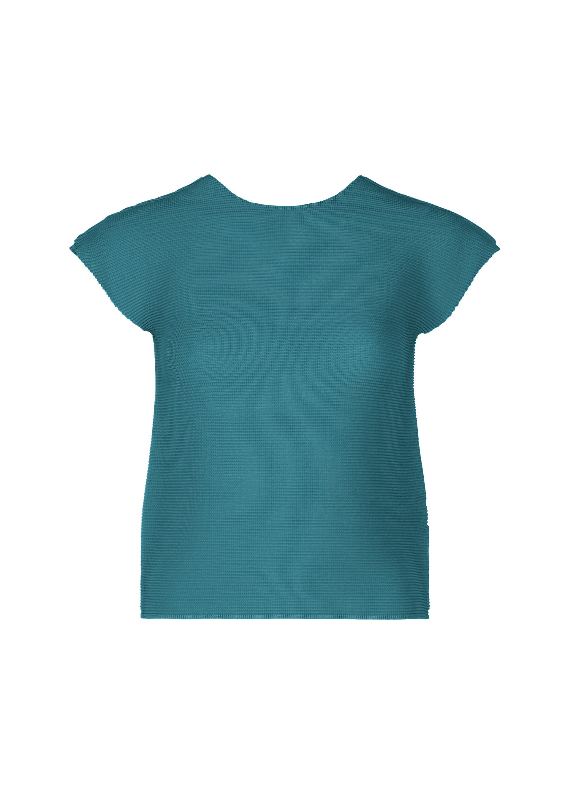 Zoomed view The STRETCH PLEATS 6 by me ISSEY MIYAKE is a teal women's top with a round neck, French sleeves, and simple textured fabric, shown against a plain white background. - NIGHT BLUE （no.71）
