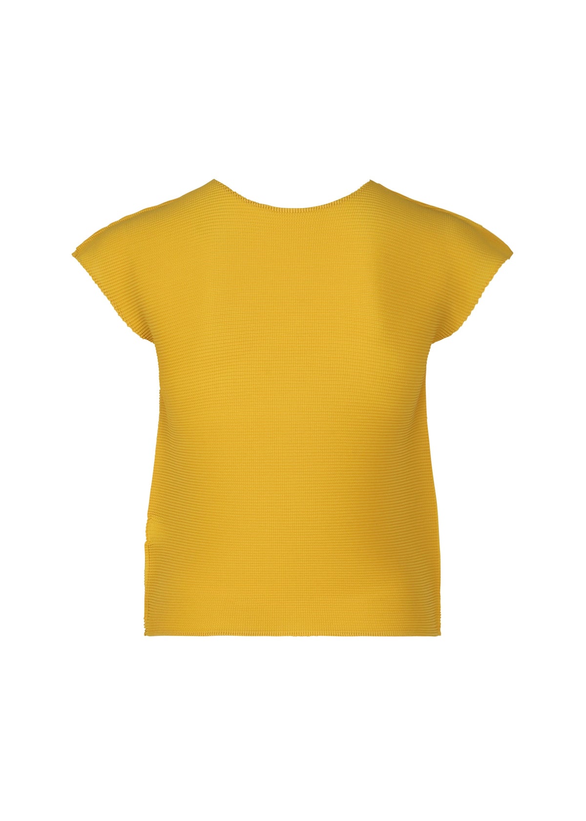 The STRETCH PLEATS 6 by me ISSEY MIYAKE is a yellow, short-sleeved, round-neck stretchy top, shown from the back with a straight hem and no visible patterns or embellishments. view 4 of 7