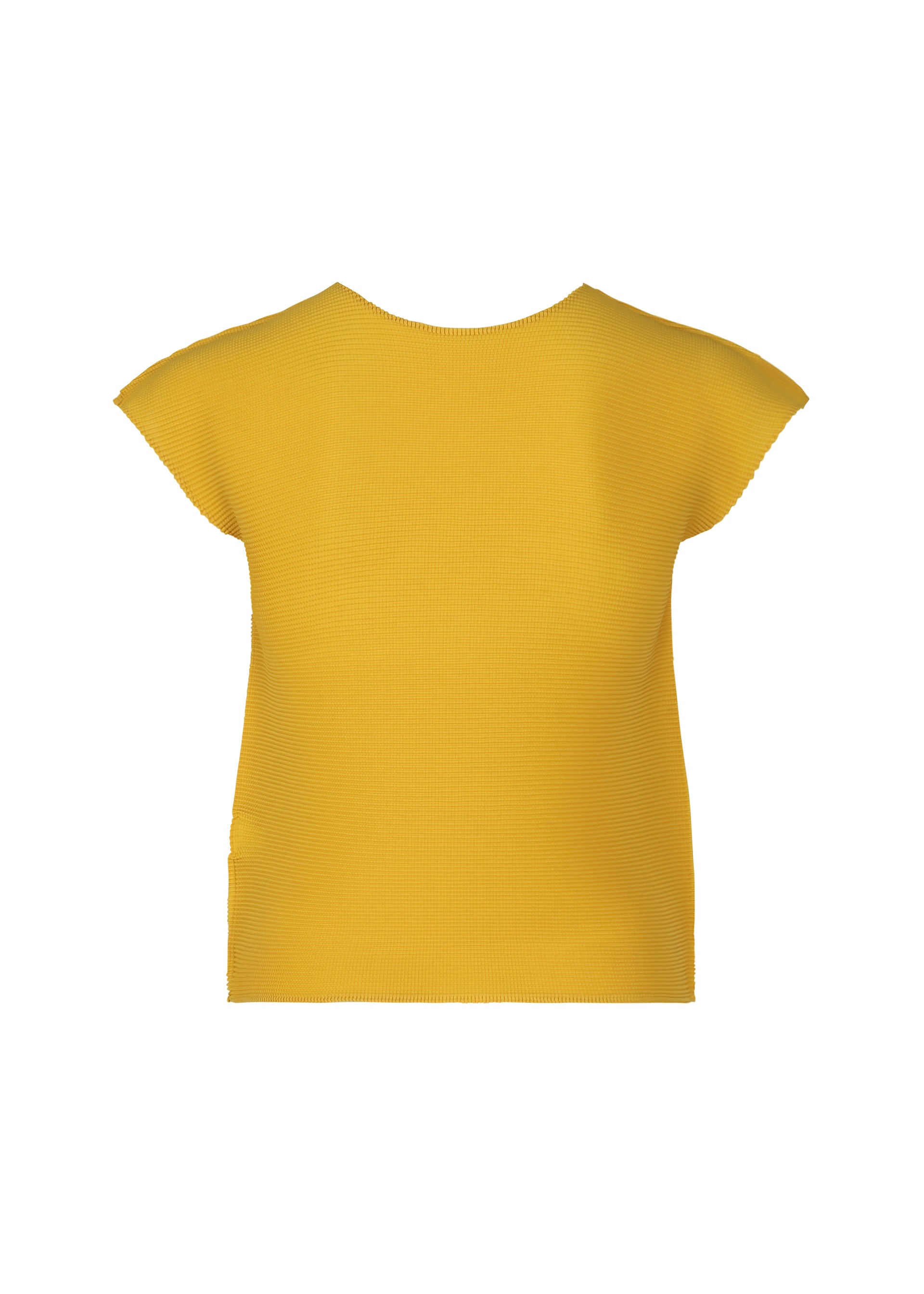 Zoomed view The STRETCH PLEATS 6 by me ISSEY MIYAKE is a yellow, short-sleeved, round-neck stretchy top, shown from the back with a straight hem and no visible patterns or embellishments.