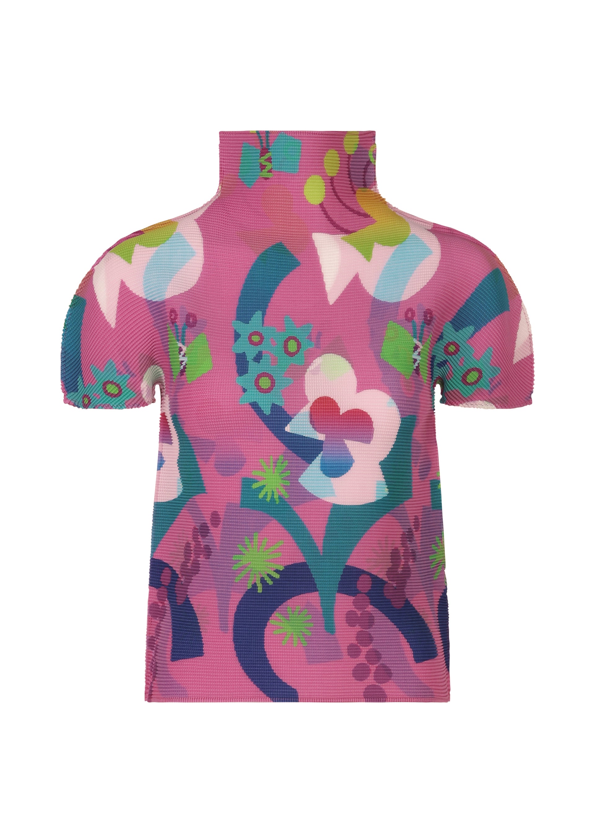 Zoomed view The FLOWER DOME by me ISSEY MIYAKE is a short-sleeved, high-neck stretch top featuring a vibrant abstract floral pattern in pink, teal, green, and white on a textured purple background. - PINK-HUED （no.28）