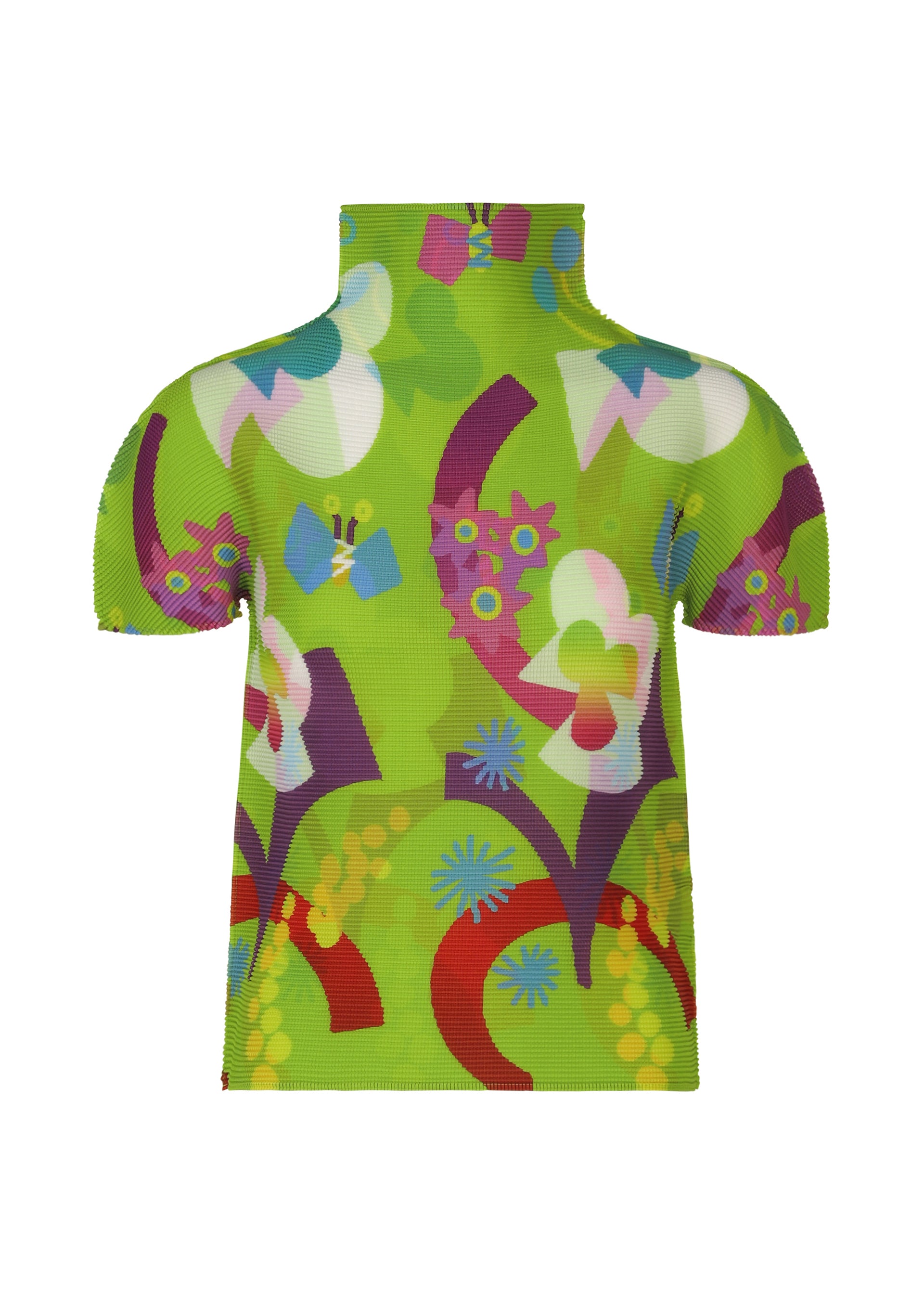 Zoomed view The FLOWER DOME top by me ISSEY MIYAKE is a short-sleeved, high-neck stretch piece featuring a bright green base with an abstract floral pattern in red, purple, blue, white, and yellow. - GREEN-HUED （no.69）