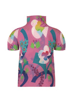 The FLOWER DOME top by me ISSEY MIYAKE features short sleeves, a high neck, and a pink base adorned with vibrant geometric florals and organic motifs in green, blue, yellow, and white.