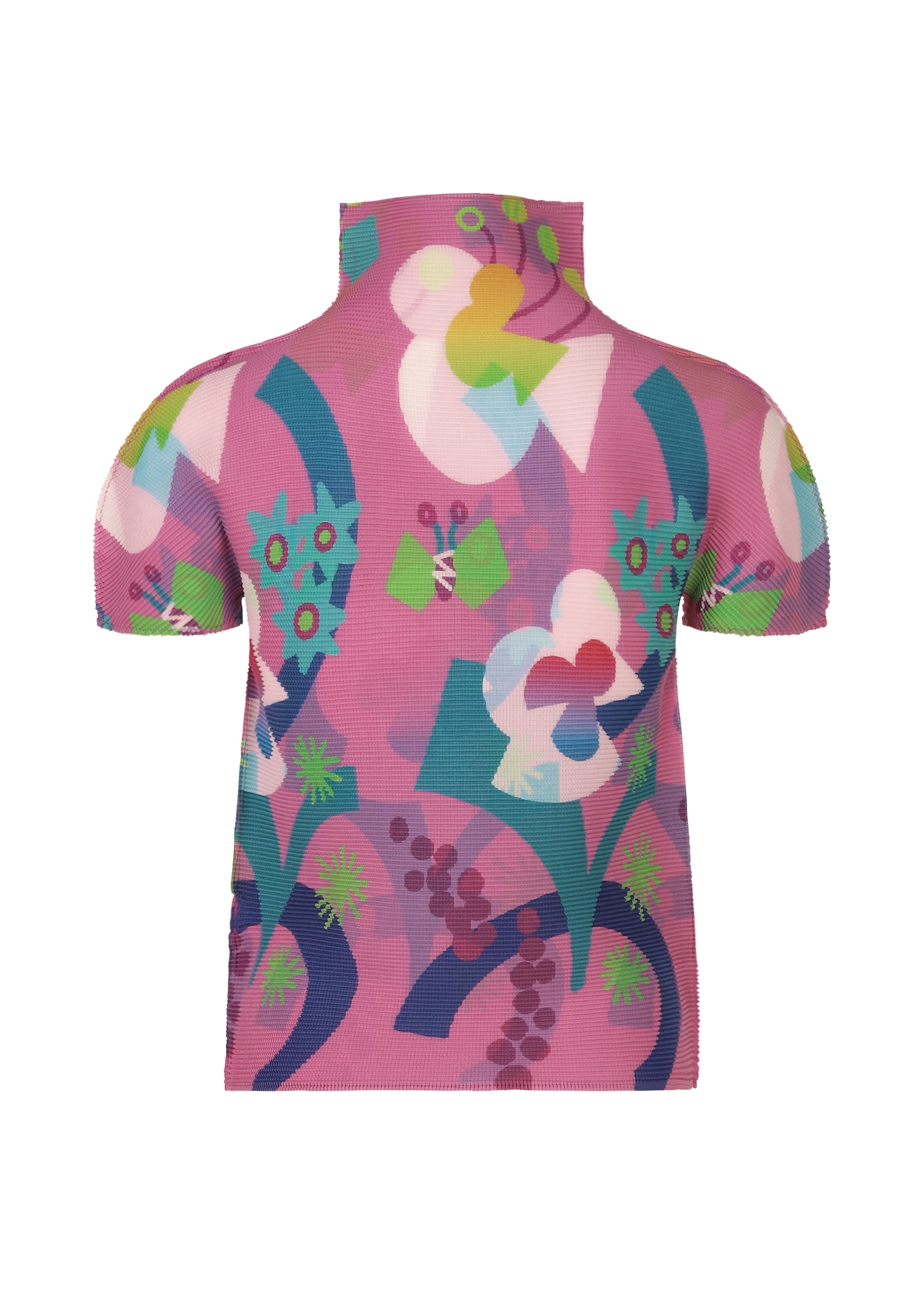 Zoomed view The FLOWER DOME top by me ISSEY MIYAKE features short sleeves, a high neck, and a pink base adorned with vibrant geometric florals and organic motifs in green, blue, yellow, and white.