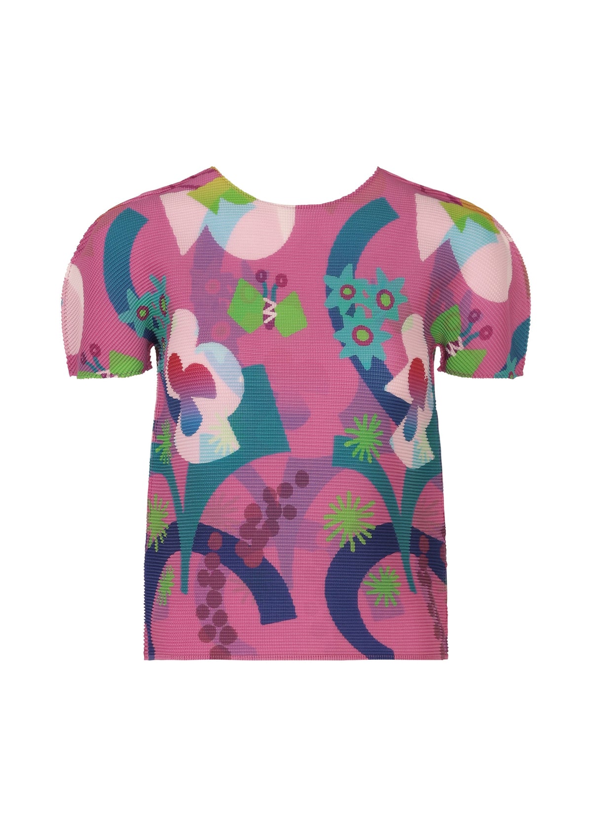 The FLOWER DOME top by me ISSEY MIYAKE is a pink, round-neck short-sleeve style with an abstract floral and geometric print in green, white, blue, and purple featuring colorful curved and circular shapes. view 1 of 7