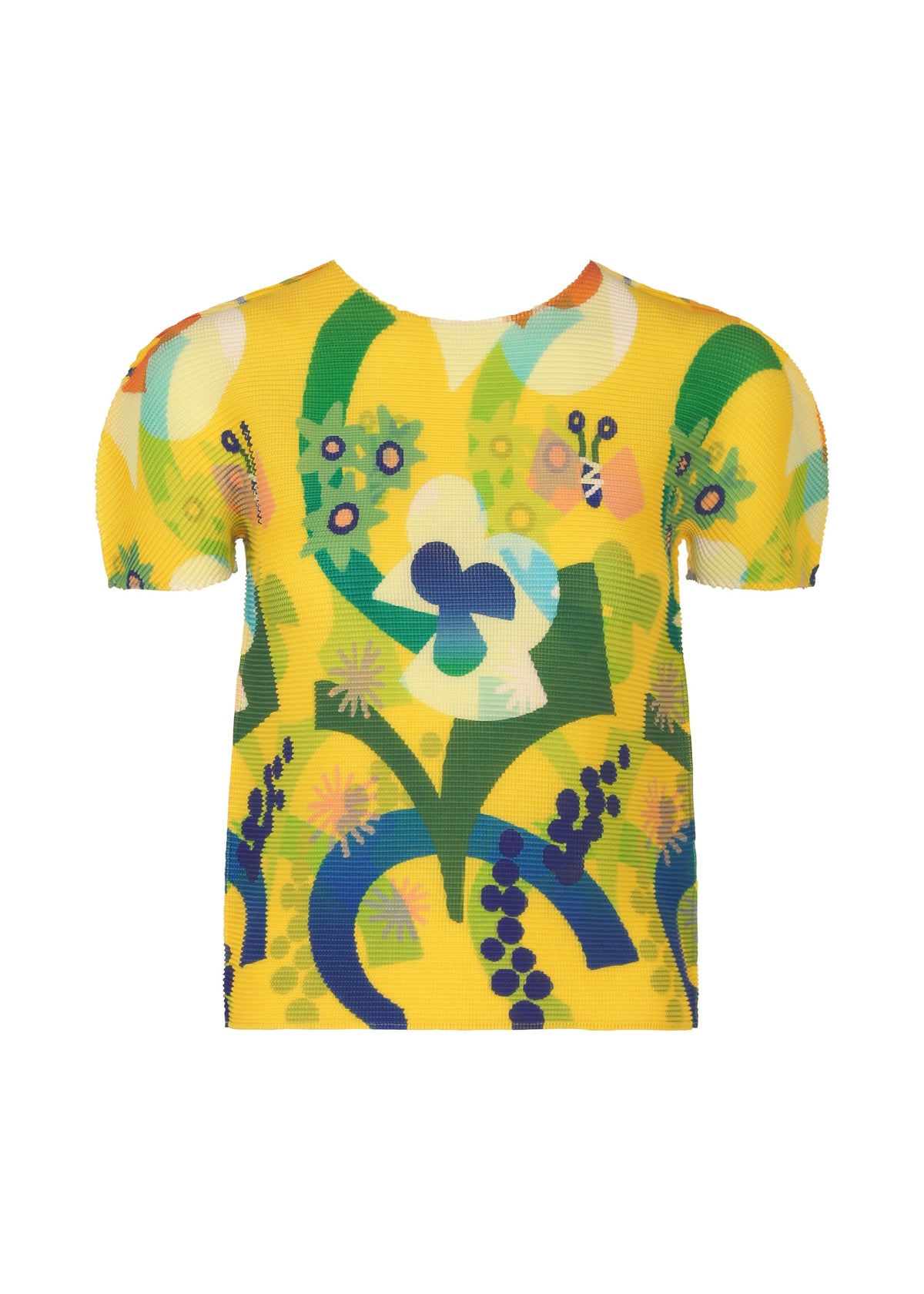 The FLOWER DOME top by me ISSEY MIYAKE features a round neck and short sleeves with a vibrant yellow base, adorned with symmetrical abstract floral and leaf motifs in green, blue, purple, and white. view 2 of 7